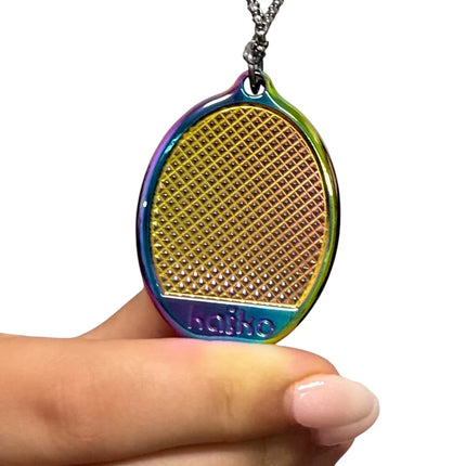Groove Stone - Dual Support Necklace & Key Chain in iridescent colors held between fingers with textured surface.