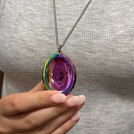Groove Stone - Dual Support Necklace & Key Chain with a colorful, reflective fidget pendant held on a silver chain.