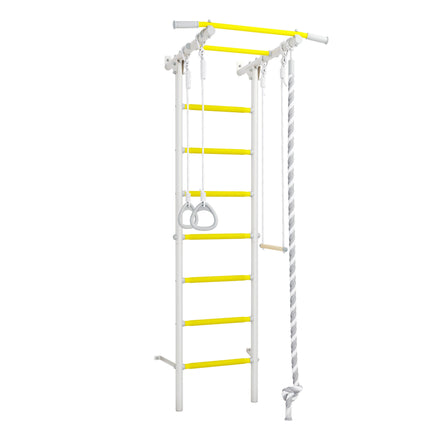 Sensory Swedish Wall Bars with yellow rungs, hanging rings, rope, and wooden swing for sensory play and exercise.