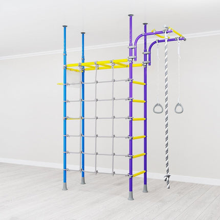 Swedish Home Play gym set - No Drill with adjustable climbing frames, ropes, and rings designed to help families thrive with tools.