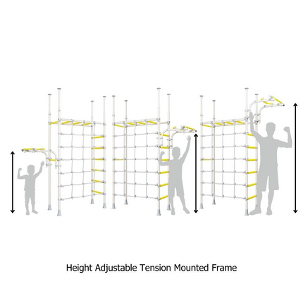 Swedish Home Play gym set - No Drill showing adjustable height modular frame for kids and adults indoors.