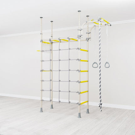 Swedish Home Play gym set - No Drill with yellow grip bars, rope ladder, climbing rope, and gymnastic rings for motor skills development