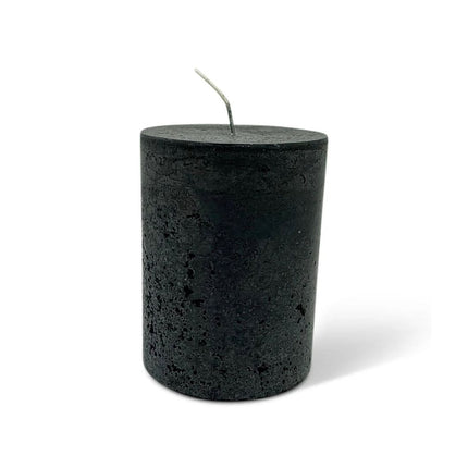 Charcoal Black Pillar Candle Stone Relic Finish with textured surface, designed for calming lighting and sensory support.