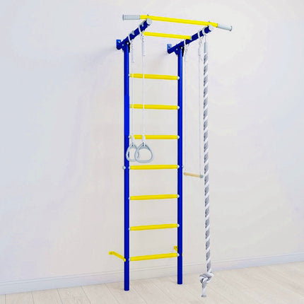 Sensory Swedish Wall Bars in blue and yellow with hanging rings and a climbing rope for indoor play and exercise.