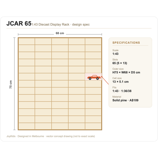 JCAR 65 — 1:43 Diecast Display Rack wooden grid with 65 slots for organizing diecast vehicles and collectibles