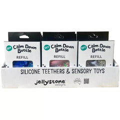 Set of DIY Calm Down Bottle Refills in various colors, sensory circle aids helping families thrive with calm and support