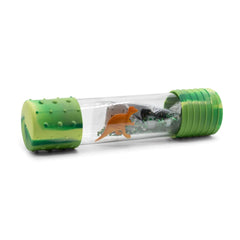 Clear DIY Calm Down Bottle with green ends and small animal figures inside for sensory calming use