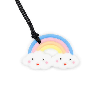 Rainbow Pendant with pastel rainbow and smiling clouds on a black cord, helping families thrive with calm support.