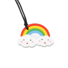 Rainbow Pendant with colorful arcs and smiling clouds on black cord, helping families thrive with tools to calm connect and support