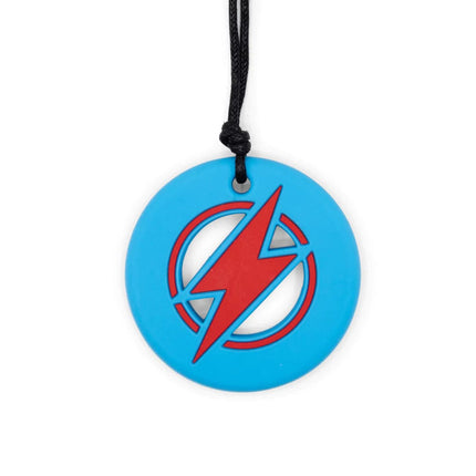 Strike Energy Pendant in blue with red lightning design on black cord, helping families thrive with tools to calm connect and support