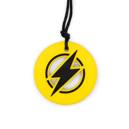 Yellow and black Strike Energy Pendant on black cord, helping families thrive with tools to calm, connect and support