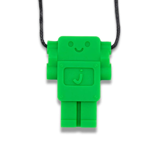 Green Robot Pendant on black cord, a sensory-friendly fidget tool helping families thrive with calm and support.