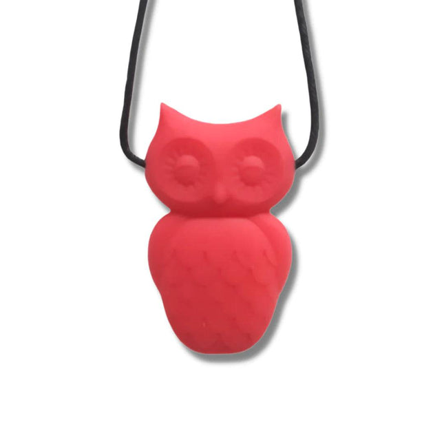 Owl Pendant in red silicone on black cord, a calming sensory aid helping families thrive with tools to calm and support