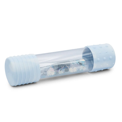 DIY Calm Down Bottle with clear tube, light blue textured ends, and floating sensory elements inside