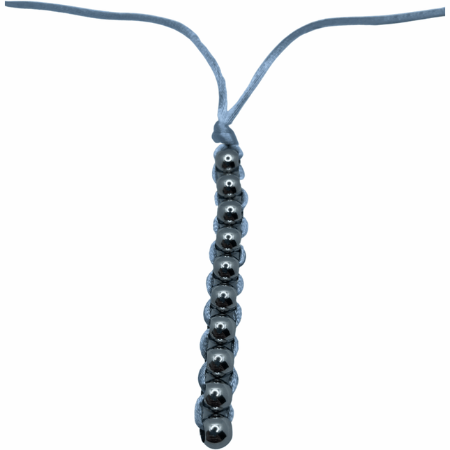 Silver bead pendant on a blue cord rope, styled as a Caterpillar Unisex Necklace for sensory and fashion use.