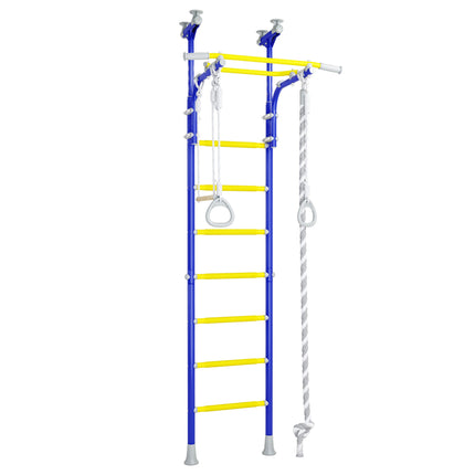 Sensory Swedish Climbing Frame - No Drill with yellow rungs, blue frame, rope, and hanging rings for indoor play.