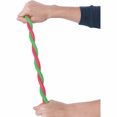 Hands stretching a twisted green and pink sensory toy called Stretchy Strings - Sensory Genius for tactile engagement