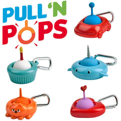 Pull n Pops / Singles sensory fidget toys in colorful animal and vehicle designs with clip attachments for calm and focus.