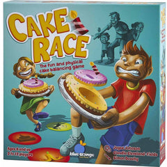 Cake Race board game box showing cartoon characters balancing colorful cakes in a fun, physical challenge.