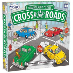 Cross Roads - Logic Game featuring colorful vehicles and pedestrians at intersections with stop signs for brainteaser puzzle challenges