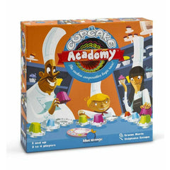 Cupcake Academy board game box featuring chefs and colorful cupcakes in a fun kitchen scene