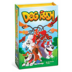 Dog Rush game box showing cartoon dogs on leashes in a colorful outdoor setting with hands holding the leashes.