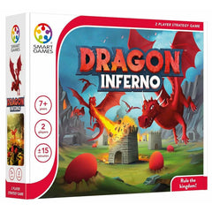 Dragon Inferno strategy game box featuring red dragons attacking castles in a fantasy landscape for two players aged 7+