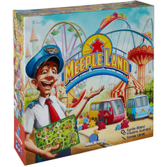 Meeple Land board game box featuring a smiling character holding a game map with colorful amusement park illustrations.