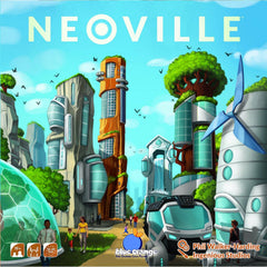 Neoville board game cover showing futuristic city with eco-friendly buildings, wind turbines, and people walking outside.