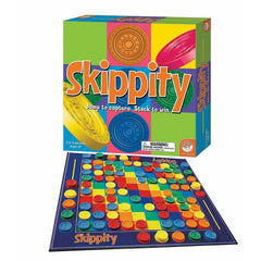 Skippity board game with colorful discs on grid, designed to help families calm, connect, and support playtime.