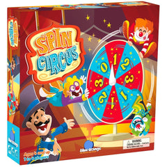 Spin Circus game box featuring colorful circus clowns and a large spinning wheel with numbers for ages 4 and up