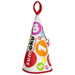 Sumoku cone-shaped sensory toy with colorful numbers and a red loop handle for easy carrying and play.