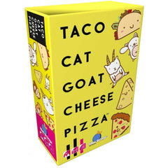 Bright yellow box of Taco Cat Goat Cheese Pizza game with fun cartoon images of taco, cat, goat, cheese, and pizza.