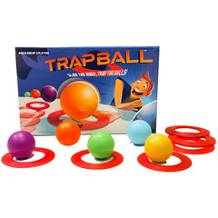 Trapball game set with colorful balls and red sliding rings designed for fun and skill development.