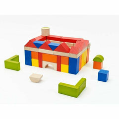 Wooden Building Blocks - 100 arranged in a colorful house shape with various geometric shapes on a white background