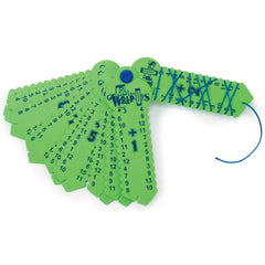 Green educational tool with multiple numbered arms and string for interactive math practice called Learning Wrap Ups - Addition