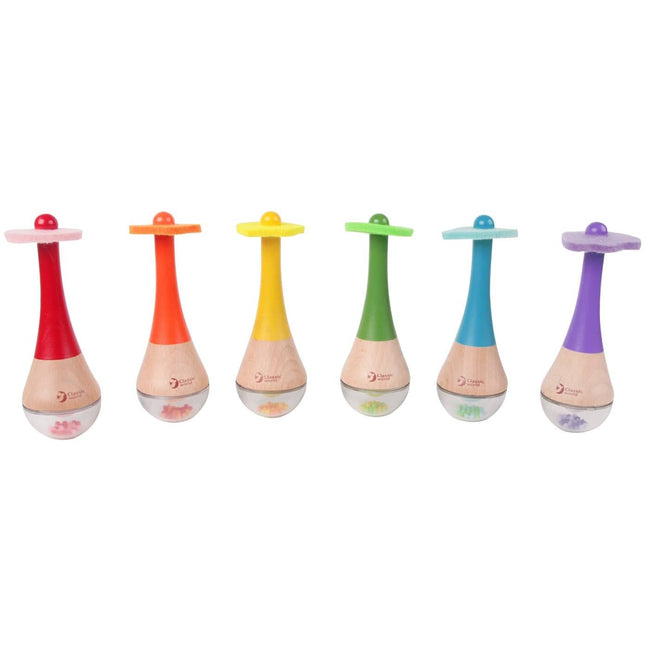 Six colorful Rainbow Maracas in red, orange, yellow, green, blue, and purple with wooden handles and clear bottoms.