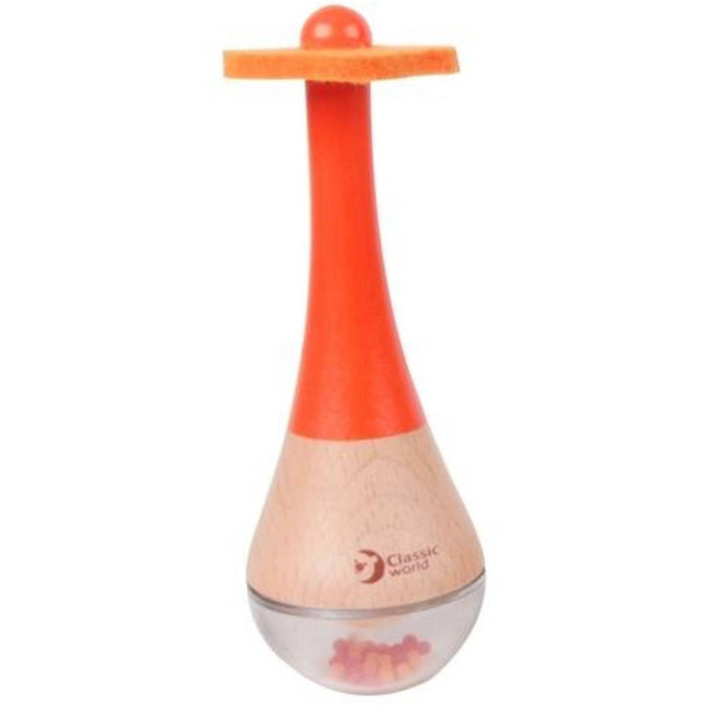 Rainbow Maracas with a wooden handle and orange top featuring colorful beads inside a clear base for sensory play.