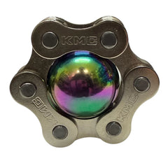 Metal fidget spinner with a reflective rainbow coloured centre