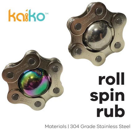 Two stainless steel sensory tools with smooth balls designed for roll spin rub in The Works Fidget Kit.