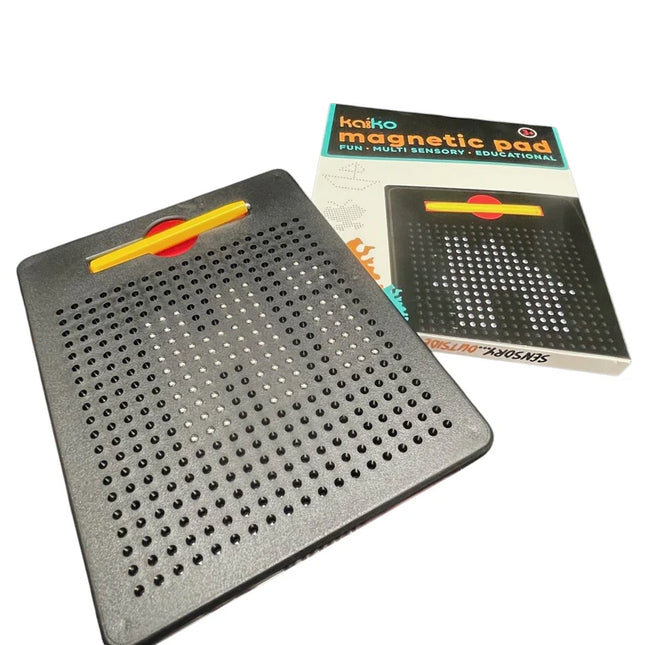 Magnetic Pad - Original Rectangle Design featuring a black board with evenly spaced holes and a yellow magnetic stylus for drawing and sensory play.
