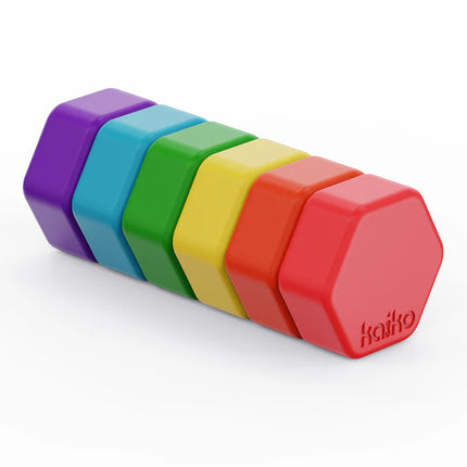 Colorful hexagonal stacking toy in rainbow colors, designed for sensory play, called MagStak Hive - Smooth