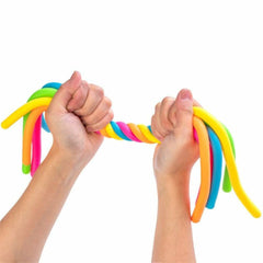 Hands stretching colorful flexible Pullie Pal Stretch Noodles sensory toy, helping families thrive with tools to calm connect support