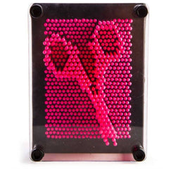 Pink Neon Pin Art shaped into a pair of scissors with bright pink pins on a black base