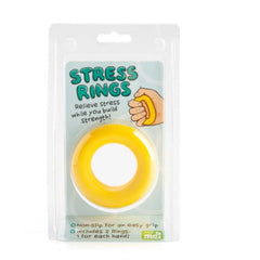Stress Rings in yellow, packaged with information on stress relief and hand strength building.