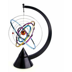 Kinetic Art Solar System model with colorful rotating rings and planets on a black curved stand and base