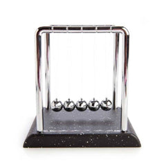 Small Newton's Cradle with Marble-look Base displaying five silver balls suspended on strings in motion demonstration.