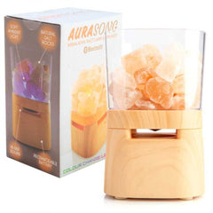 AuraSong Himalayan Salt Lamp & Speaker with natural salt rocks and light wooden base, emitting soft ambient light and sound.
