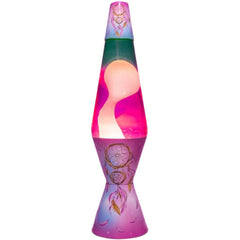 Dreamcatcher Diamond Motion Lamp with pink and purple hues, swirling wax, and dreamcatcher design on base and cap.