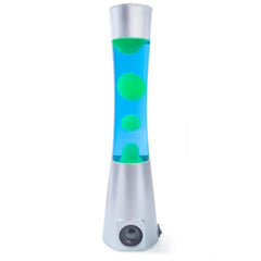 Silver/Blue/Yellow Motion Lamp Bluetooth Speaker with silver base and blue liquid featuring floating yellow-green blobs.